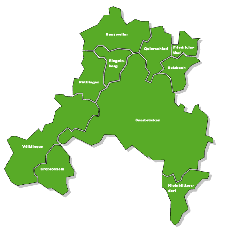 Grüne Karte vom Regionalverband Saarbrücken. Zeigt die Städte und Gemeinden