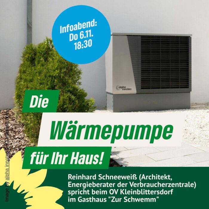 Der Ortsverband von Bündnis 90/Die Grünen lädt am 6.11. ein zum Infoabend „Die Wärmepumpe für Ihr Haus! Welche Möglichkeiten bietet sie?“